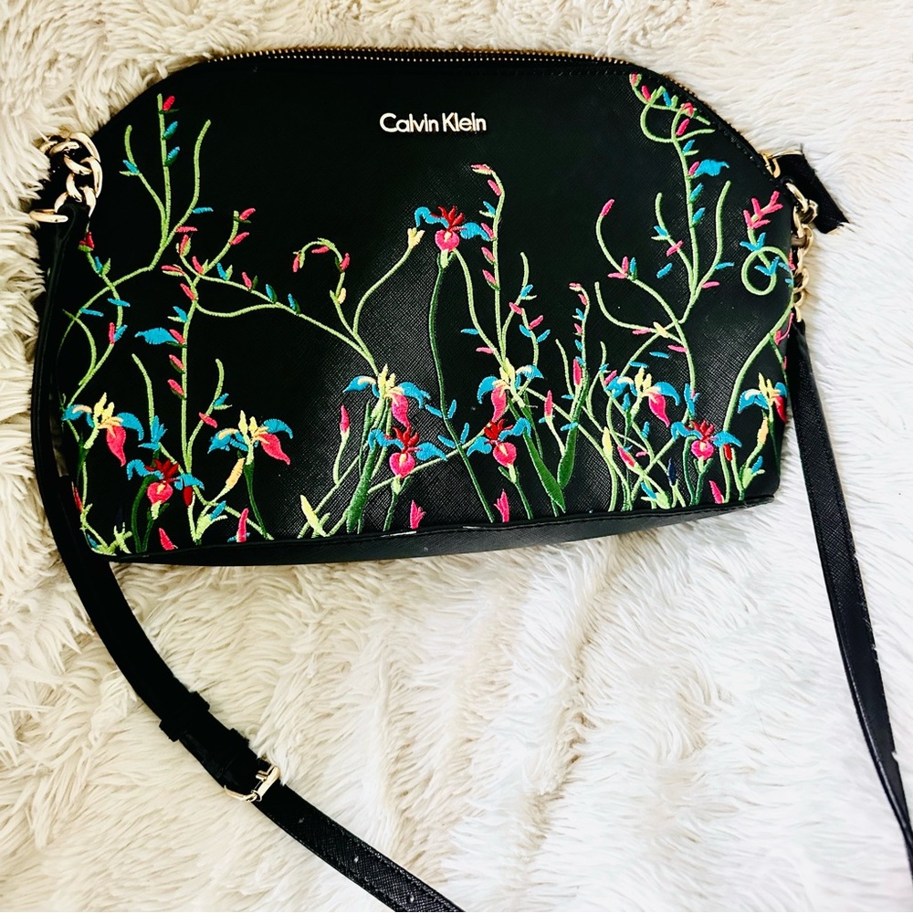 Calvin Klein Black Floral Embroidered Handbag